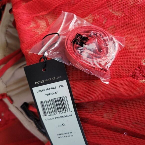 BCBGMaxAzria Dress Vienna Formal Convertible Fit Flare Mini Sequin Netted Red 0 - Picture 13 of 17